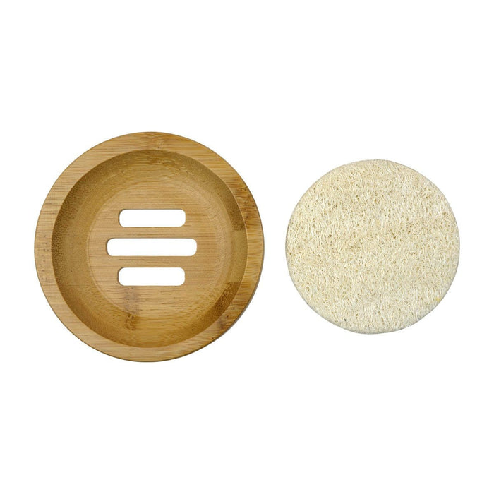 Round Bamboo Soap Tray with Loofah Pad