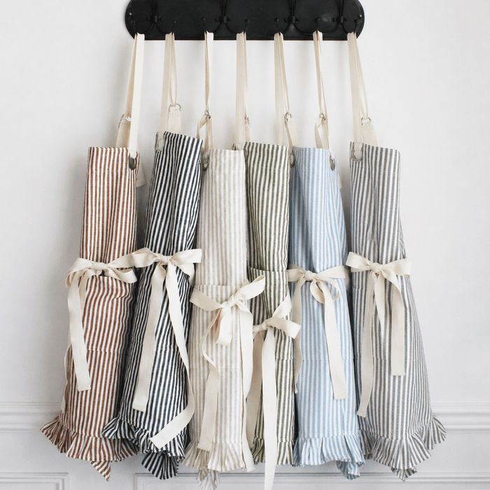 Ruffle Pin Stripe Apron: Tan