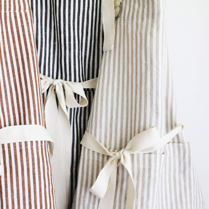 Ruffle Pin Stripe Apron: Tan