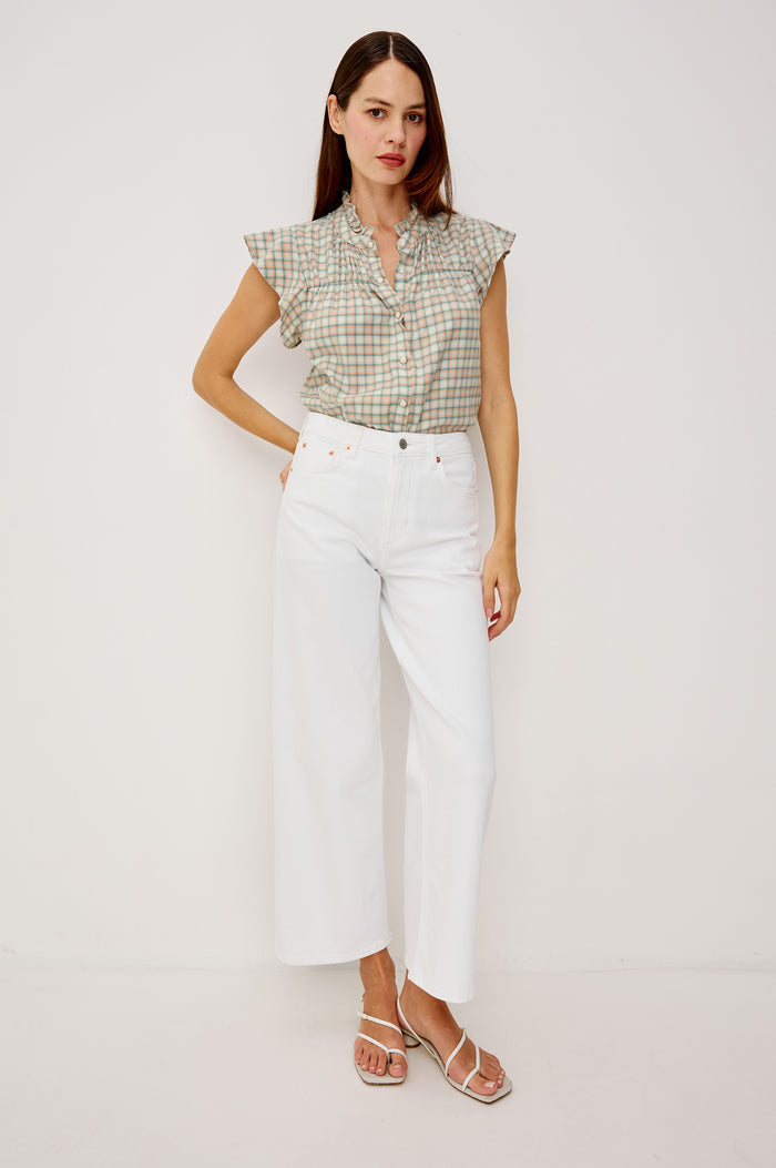 Ruthie Flutter Sleeve High Neck Front Button Ruffle Trim Yoke Detail Top in Julep Mint Check Colorway - Full Body Close Up Front View Featured on Model