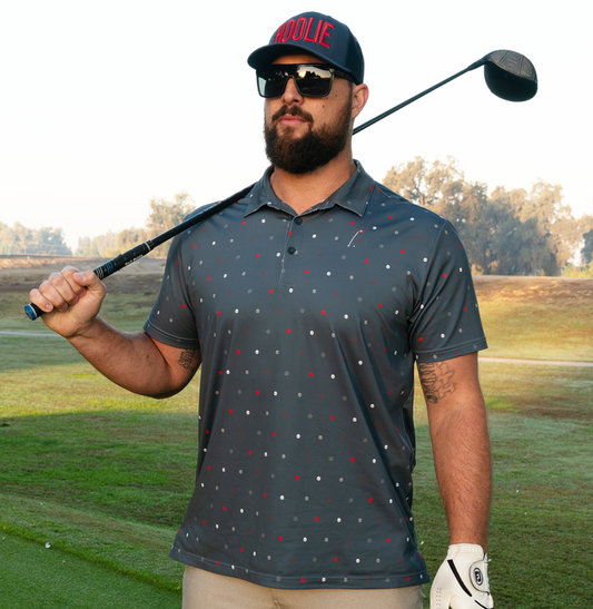 RWB Skulls Men's Golf Polo in Blue Steel with patriotic skull and flag badge