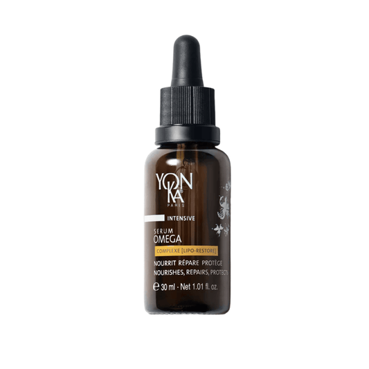 Brown glass dropper bottle of Serum Omega | Yon-Ka Paris skincare product designed to nourish, repair, and protect the skin with a restorative complex.