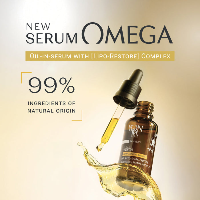 Bottle of Serum Omega | Yon-Ka Paris with dropper releasing golden oil, highlighting 99 percent natural origin ingredients in skincare product promotion.