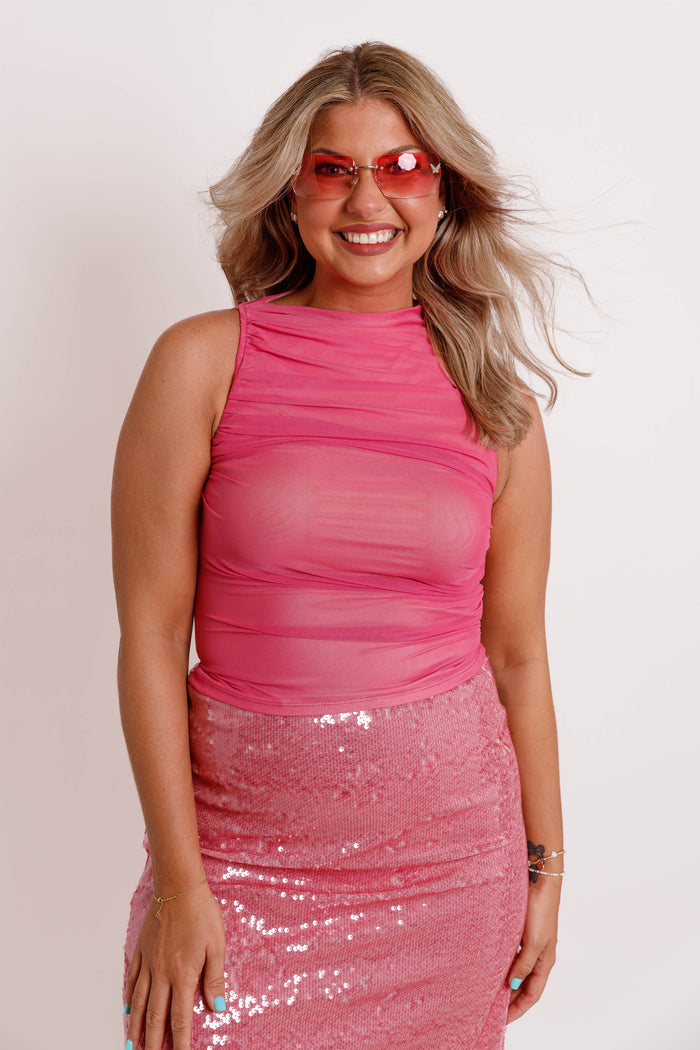 Ruched Mock Neck Tank- Hot Pink Sleeveless Fitted Top- Women's Concert Outfits