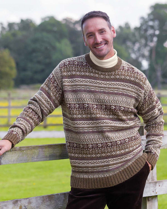 Shetland Wool Fairisle Crew Neck Jumper - Chestnut - Country Collection