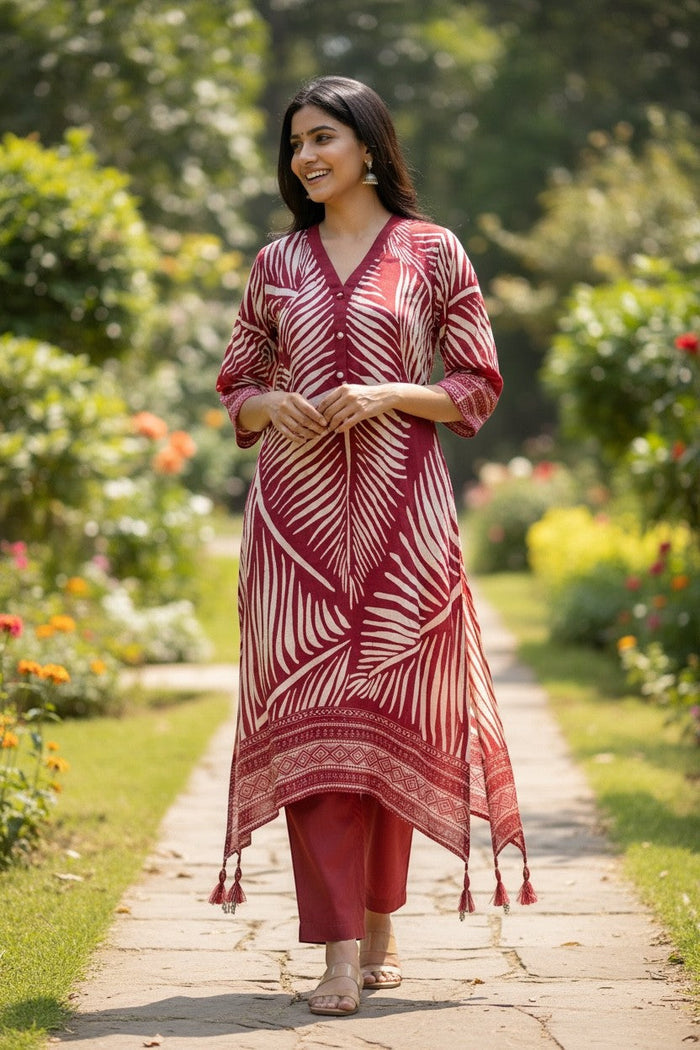 House Of Indian Wedding Attire maroon and cream silk co ord set with leaf print and tassels