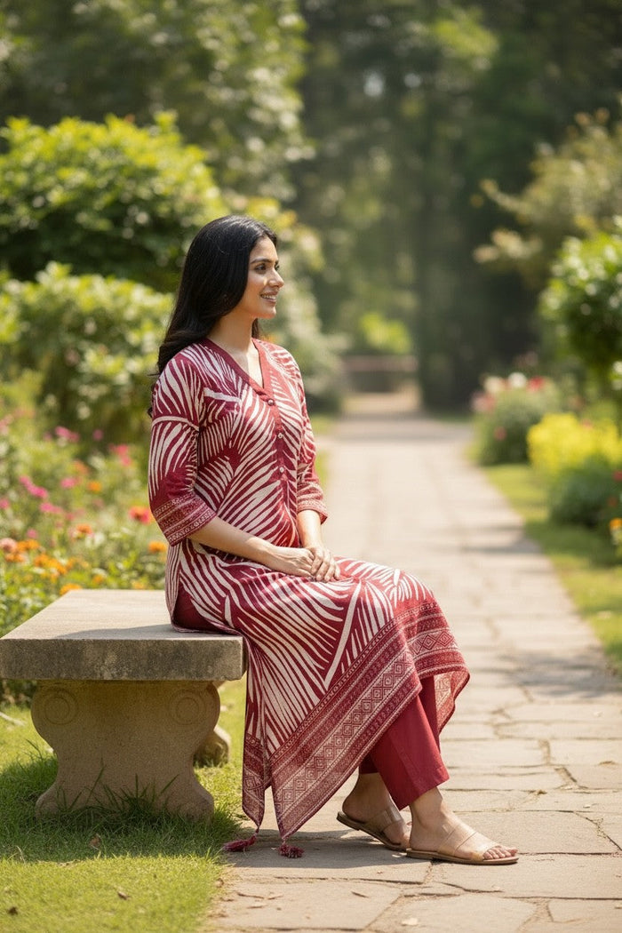House Of Indian Wedding Attire maroon and cream silk co ord set with leaf print and tassel detail