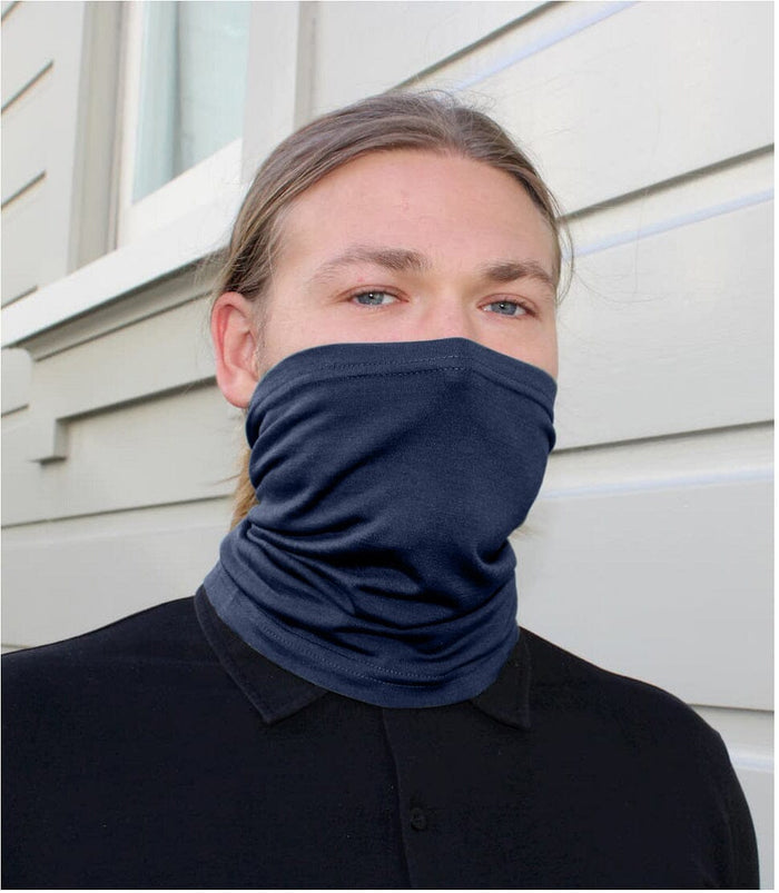 Silkspun Headwarmer in Navy worn as a Buff