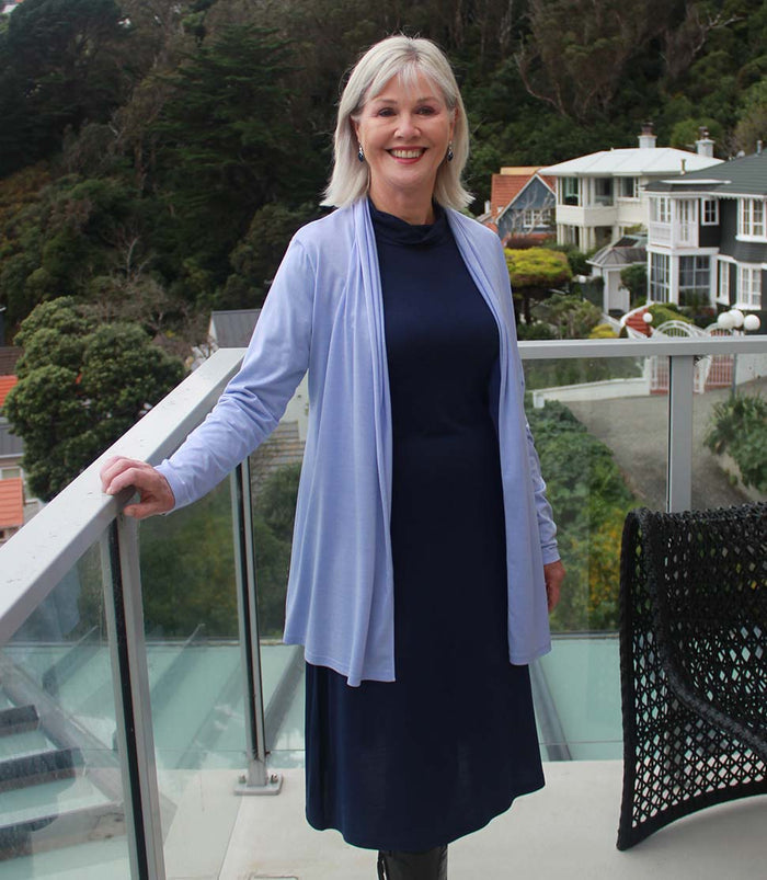 Silkspun High-Neck Dress in Navy paired with a Longline Cardigan in Forget-Me-Not blue