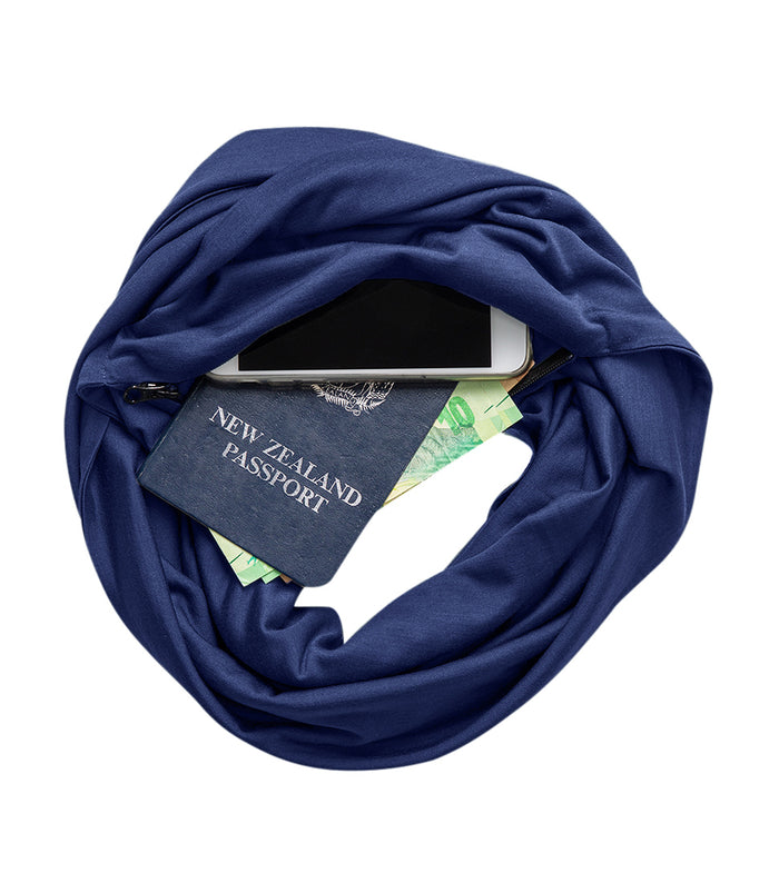 Silkspun Infinity Scarf with hidden safety pocket in Navy blue