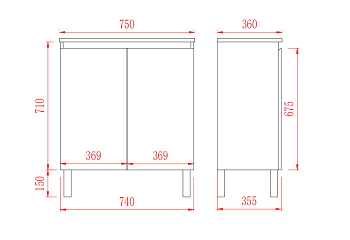 Slim Freestanding Vanity with Legs 750*360*860mm(Double-Door)