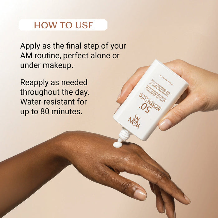 Person applying white SPF 50+ Mineral Fluid | YON-KA PARIS sunscreen lotion on the back of their hand with instructions for use in skincare routine and water resistance up to 80 minutes.