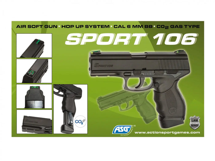 Sport 106 CO2 pistol med magasin og manual, set fra en vinkel.