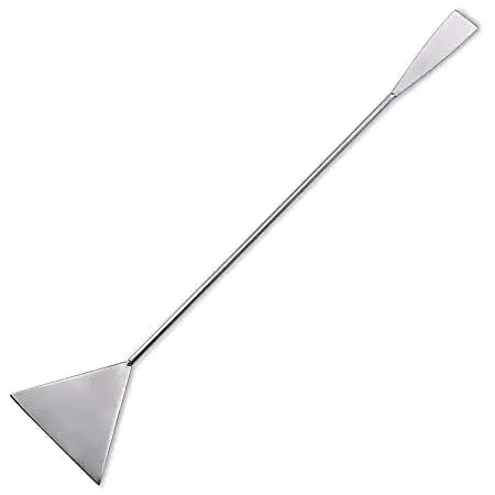 Silver stainless steel soil flattener with triangular metal stirrer and slender handle for soil preparation