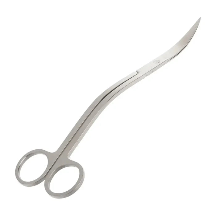 Silver stainless steel wavy surgical scissors with curved precision-cut blades and rounded finger loops
