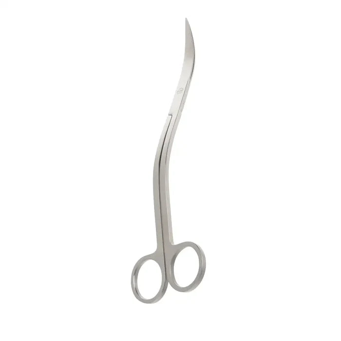 Silver stainless steel wavy surgical scissors with curved sharp blades and rounded finger loops for precision cutting