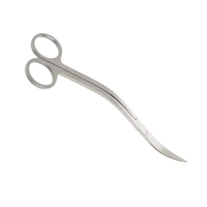 Silver stainless steel wavy surgical scissors with curved pointed blades and rounded finger loops for precision cutting