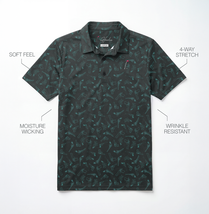Straight Shooter Men's Golf Polo in Cool Gray laying on a White surface with performance feature descriptions