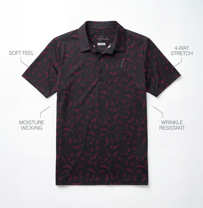 Straight Shooter Men's Golf Polo in Midnight laying on a White surface with performance feature descriptions