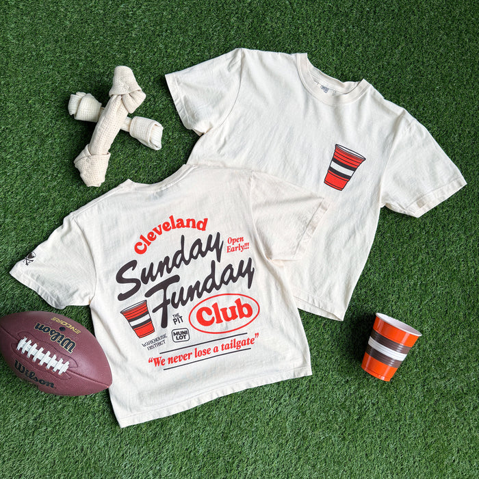 Sunday Funday women’s Cleveland football boxy crop t-shirt in ivory