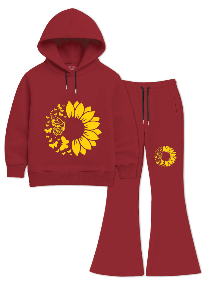 Sunflower Bloom Girls Hoodie & Flared Trouser Set