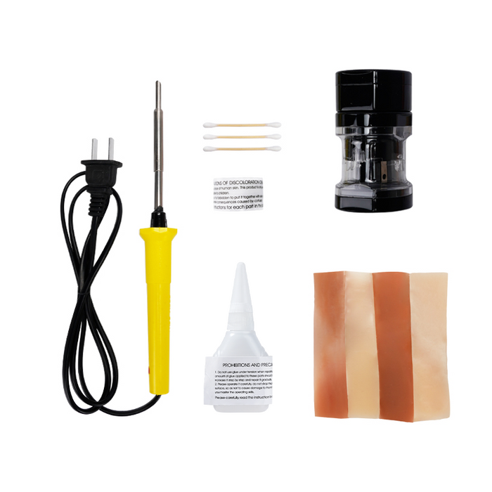 Tantaly Doll Repair Kit with electric iron, TPE glue, discoloration cream, materials, and adapter for easy maintenance and repairs.