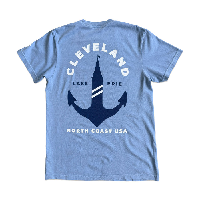 Terminal Tower Anchor t-shirt featuring a vintage nautical anchor intertwined with Cleveland's iconic Terminal Tower, celebrating Lake Erie and North Coast living.