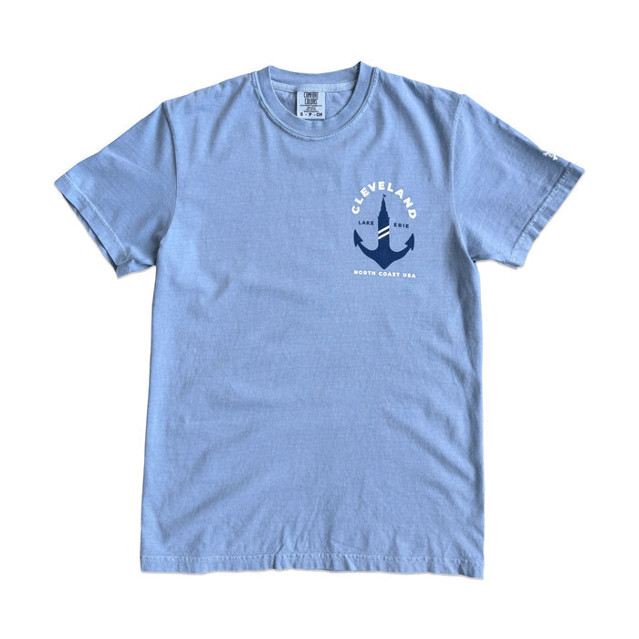 Terminal Tower Anchor t-shirt featuring a vintage nautical anchor intertwined with Cleveland's iconic Terminal Tower, celebrating Lake Erie and North Coast living.