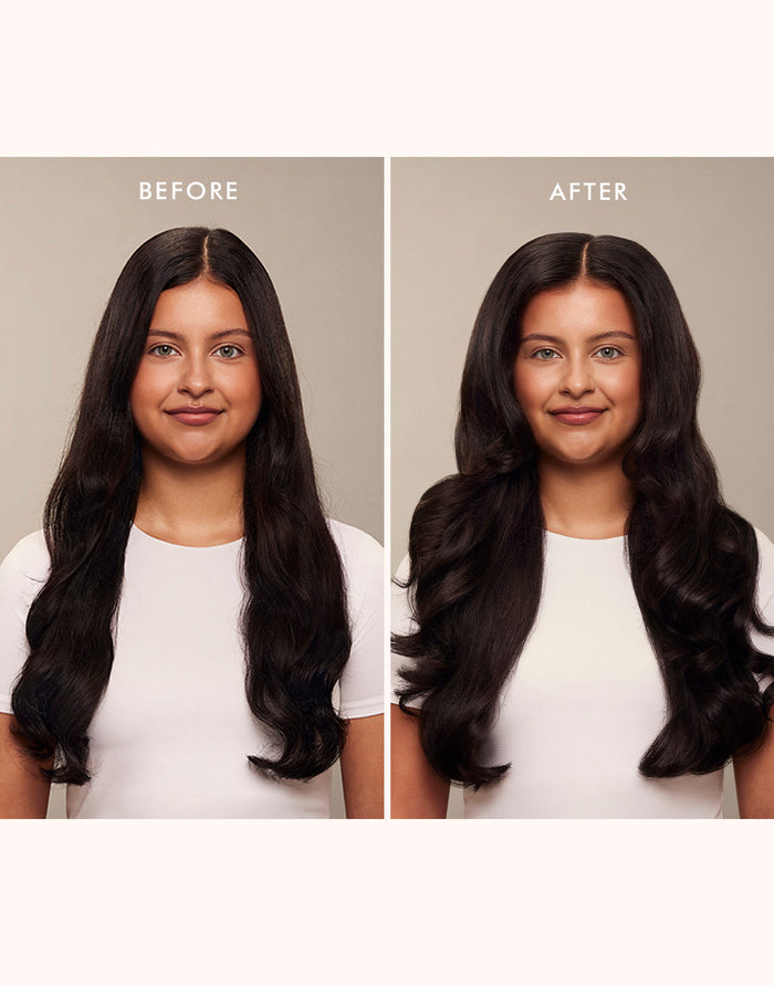Comparison of a woman’s dark hair before and after applying Texture and Volume Powder | Moroccanoil, showing increased volume and enhanced texture in the after image.
