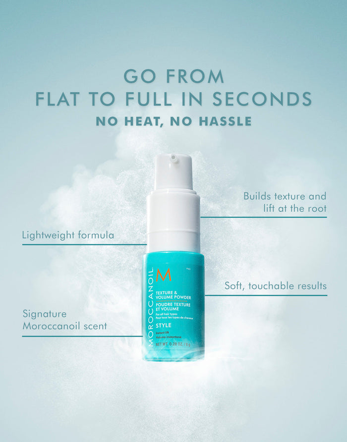 Bottle of Texture and Volume Powder | Moroccanoil with powder effect around it, highlighting its lightweight formula, signature scent, root lift, and soft touchable results for adding texture and volume quickly without heat.