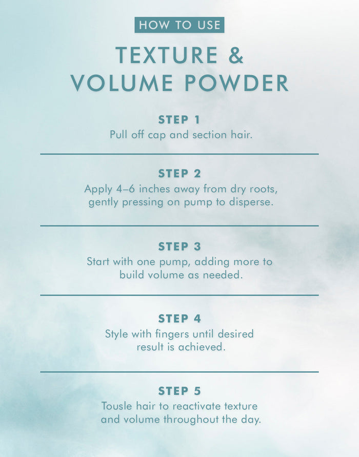 Instructions for how to use Texture and Volume Powder | Moroccanoil, detailing five steps for application to achieve desired hair volume and texture.