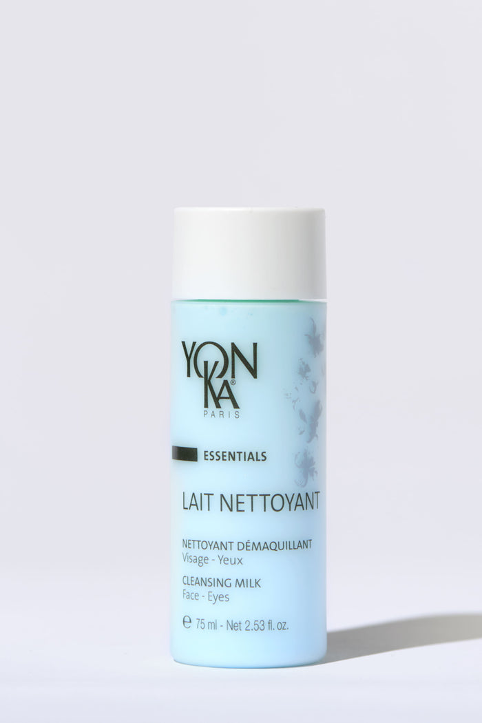 Travel Lait Nettoyant | Yon-Ka Paris cleansing milk in a light blue bottle with white cap, designed for face and eyes skincare.