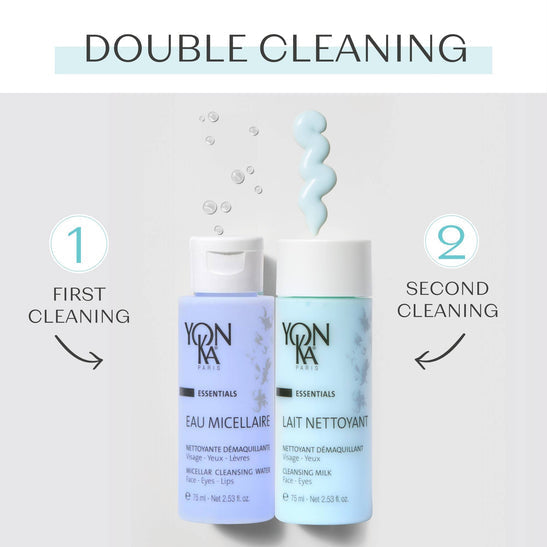 Two Yon-Ka Paris skincare bottles labeled Eau Micellaire and Travel Lait Nettoyant | Yon-Ka Paris with cleansing product textures above each, illustrating a double cleansing routine for face, eyes, and lips.