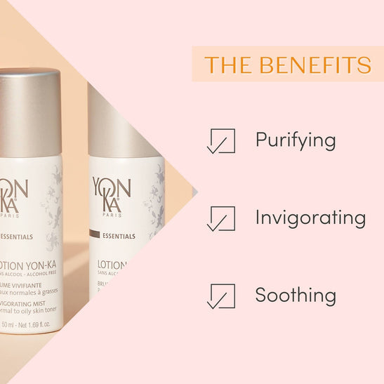 Two bottles of Travel Lotion Yon-Ka PNG | Yon-Ka Paris partially visible with text highlighting its benefits: purifying, invigorating, and soothing skincare lotion.
