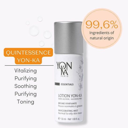 Bottle of Travel Lotion Yon-Ka PNG | Yon-Ka Paris, an alcohol-free invigorating mist for normal to oily skin, highlighting 99.6% natural origin ingredients for skincare.