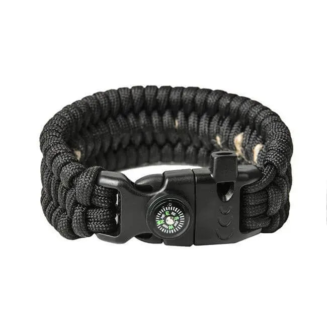 Sort Trilobite Paracord armbånd med spænde, kompas, fløjte, og tændstål.