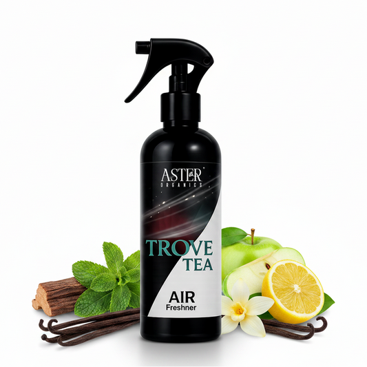 Troven Tea air freshener bottle with a subtle tea leaf design.