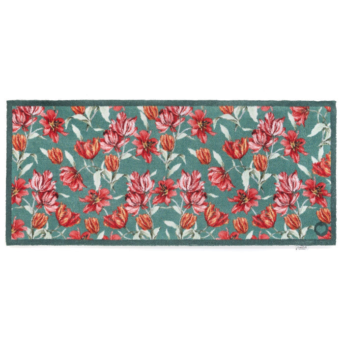 Tumbling Tulips Washable Runner- a 100% recycled cotton runner featuring tulips in red and pink.