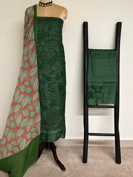 Tussar Cutwork Kurta Set - Green and Pink