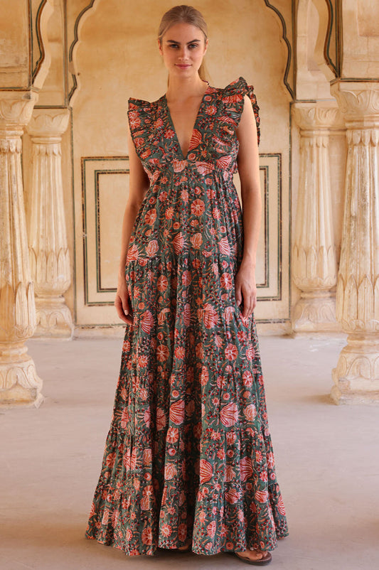 V Neck Rose Maxi Dress | Khaki/Orange