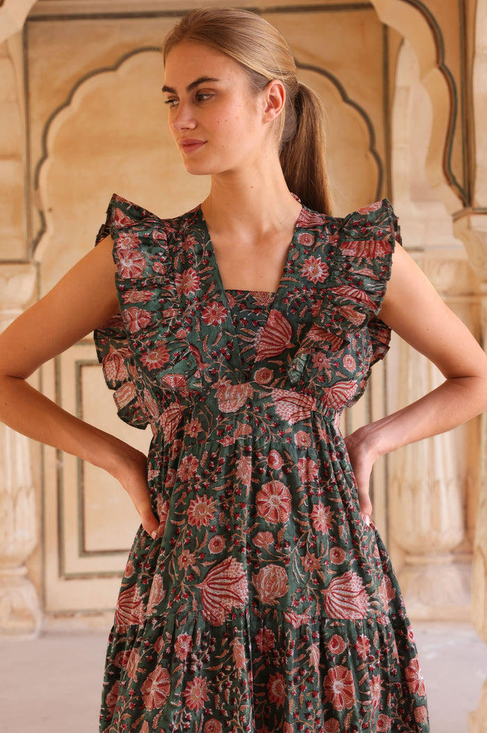 V Neck Rose Maxi Dress | Khaki/Orange