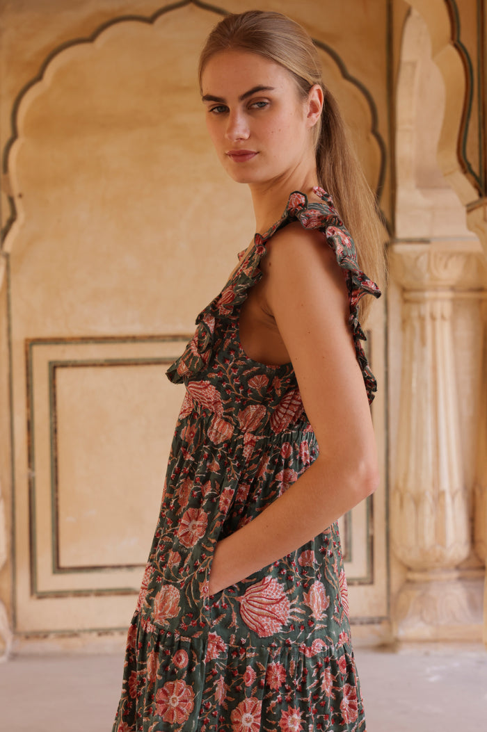 V Neck Rose Maxi Dress | Khaki/Orange