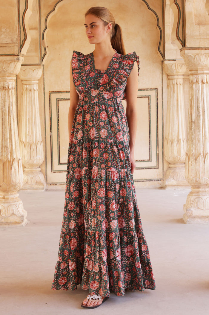 V Neck Rose Maxi Dress | Khaki/Orange