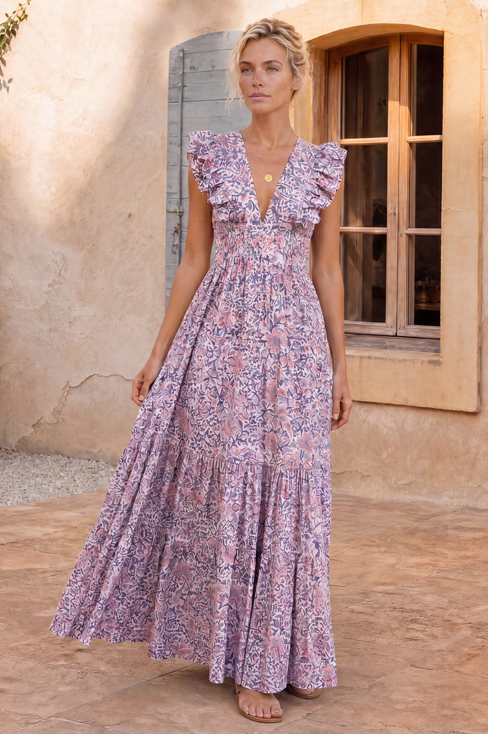 V Neck Rose Maxi Dress | White/Green/Pink