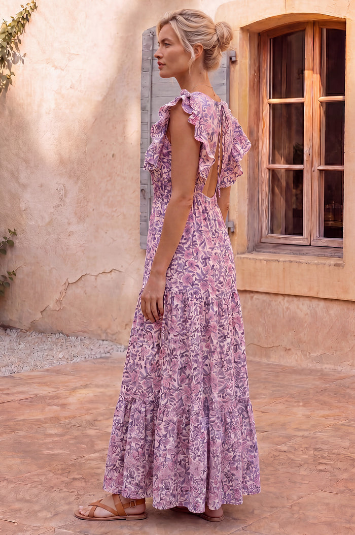 V Neck Rose Maxi Dress | White/Green/Pink