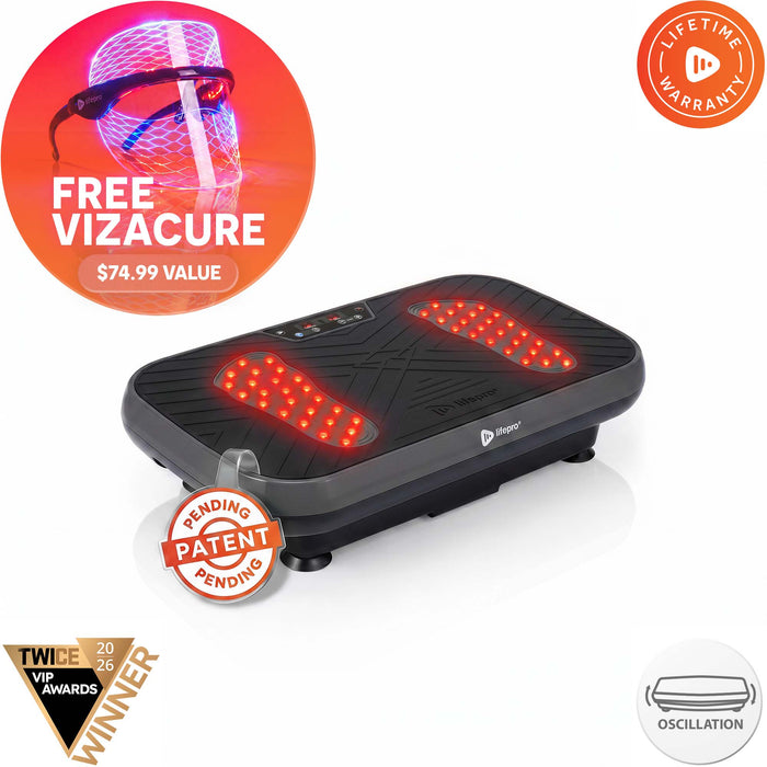 VibraRed vibration plate in gray with red light therapy LEDs lit, next to a promo for a free VizaCure red light face mask and glasses, a $74.99 value.