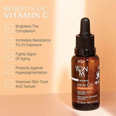 Serum C20 | Yon-Ka Paris bottle displayed next to a list of Vitamin C benefits including brightening complexion, increasing UV resistance, fighting aging signs, protecting against hyperpigmentation, and improving skin tone and texture.