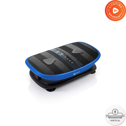 Blue VibraVoice vertical vibration exercise plate on a white background with a Lifetime Warranty badge and a vertical-motion voice icon.