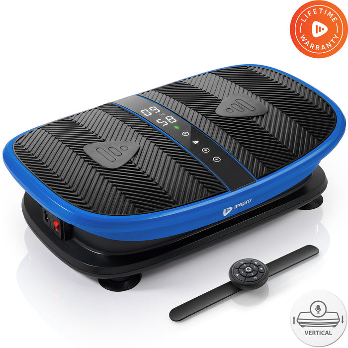 VibraVoice vibration plate shown with its wrist-worn voice remote resting beside it.