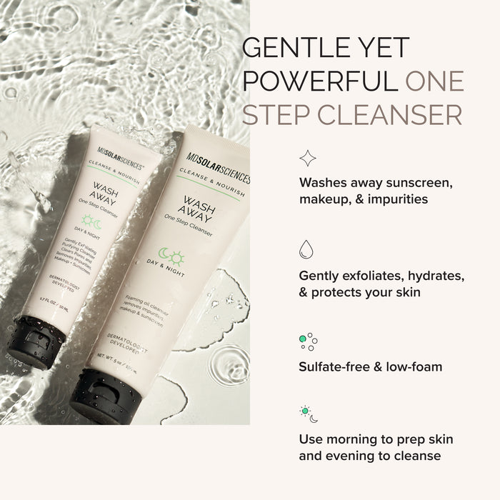 Two bottles of 'Wash Away' cleanser with text highlighting its features